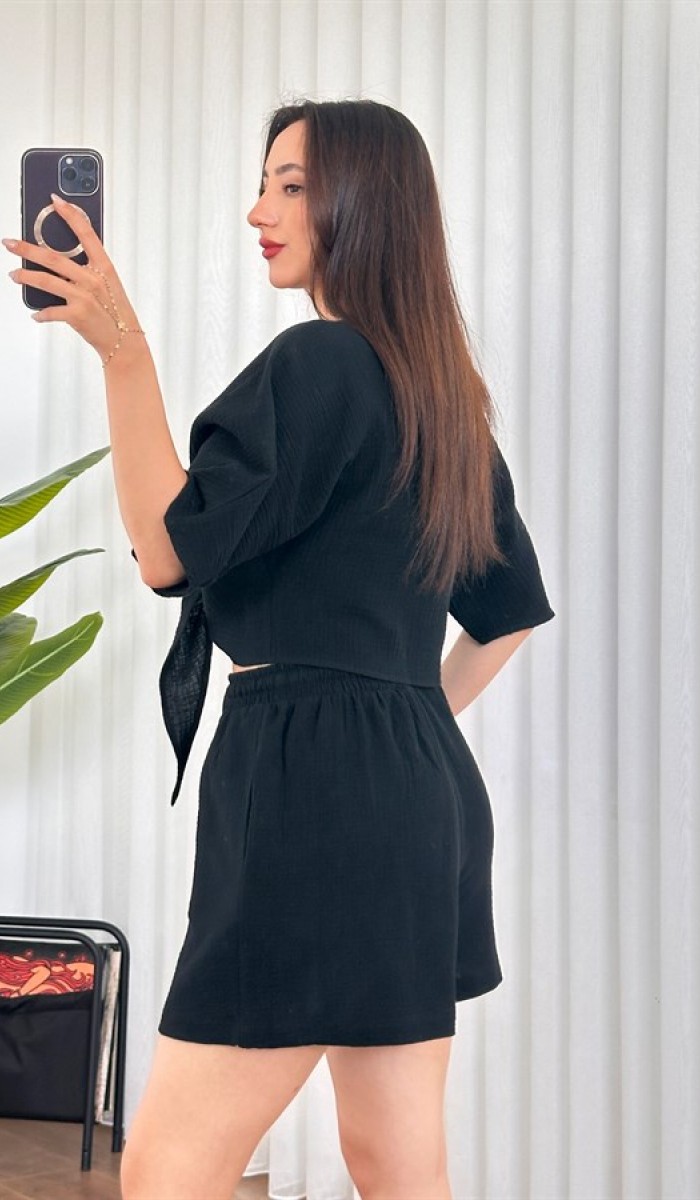 Müslin Önden Bağlamalı Kısa Model Toptan Siyah Kimono Siyah