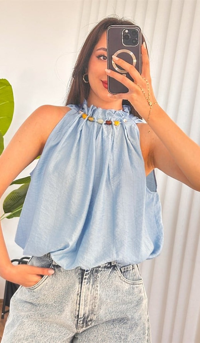 Yakası Boncuklu Balon Model Toptan Bebe Mavisi Bluz Bebe Mavi