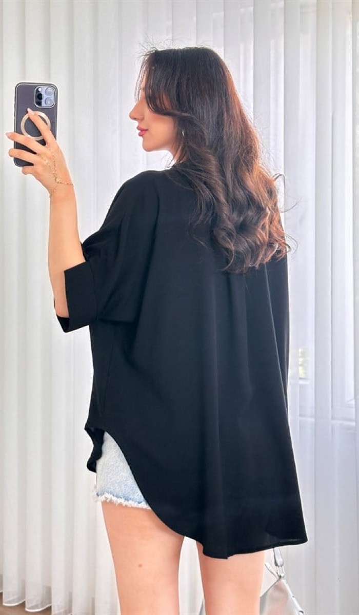 Kısa Kol Basic Kimono Toptan Siyah Bluz Siyah