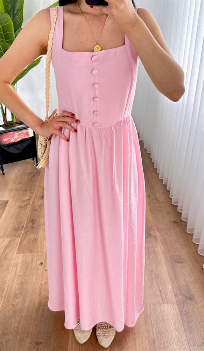 Kalın Askılı Uzun Toptan Pembe Elbise Pembe