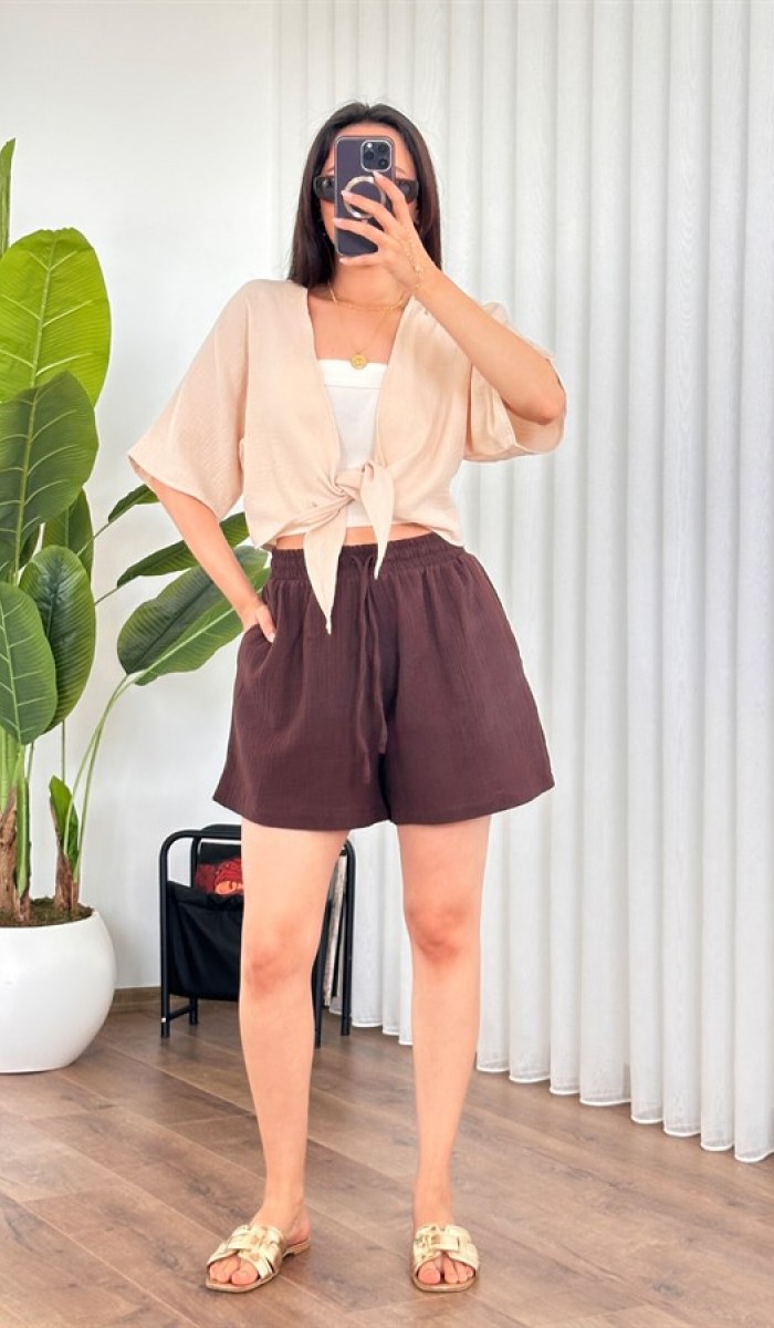 Müslin Önden Bağlamalı Kısa Model Toptan Bej Kimono Bebe Mavi