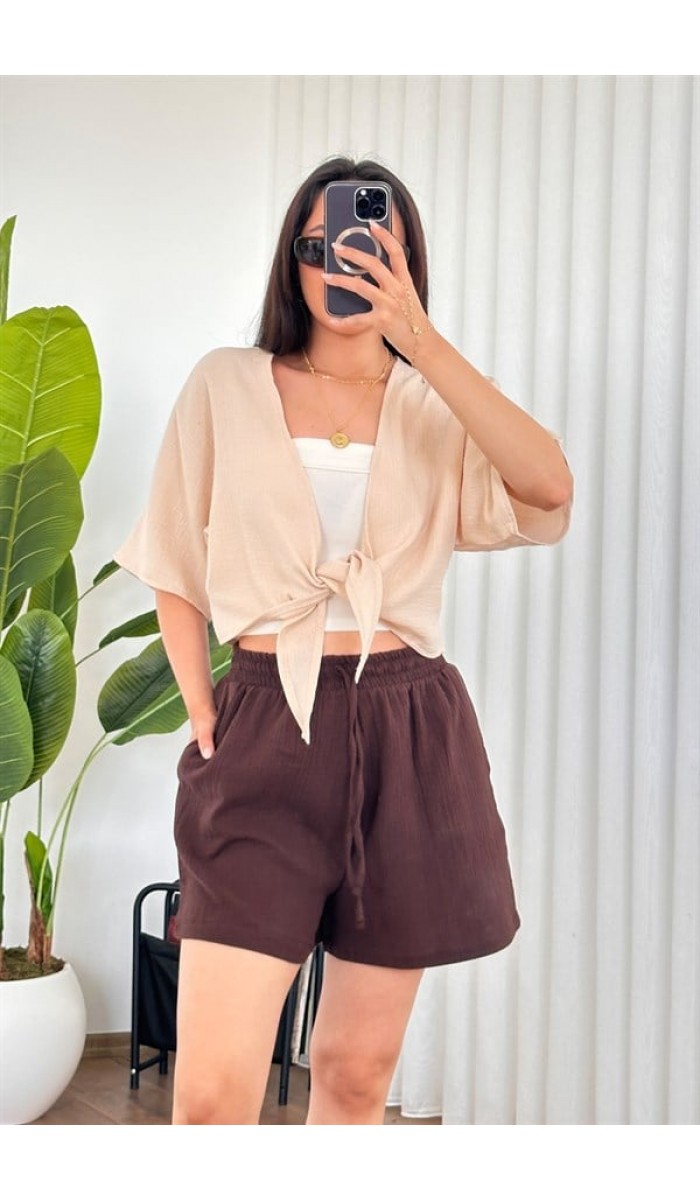 Müslin Önden Bağlamalı Kısa Model Toptan Bej Kimono Bebe Mavi Müslin Önden Bağlamalı Kısa Model Toptan Bej Kimono Bebe Mavi