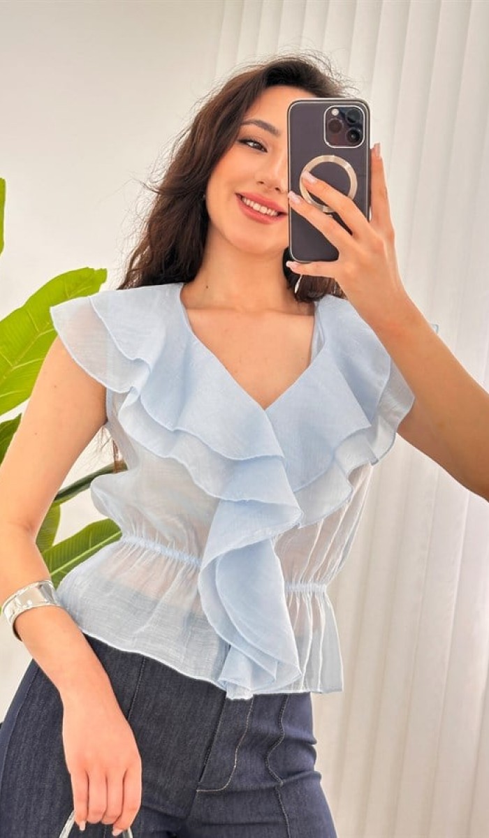 Fırfırlı Beli Lastikli Toptan Bebe Mavisi Bluz Bebe Mavi