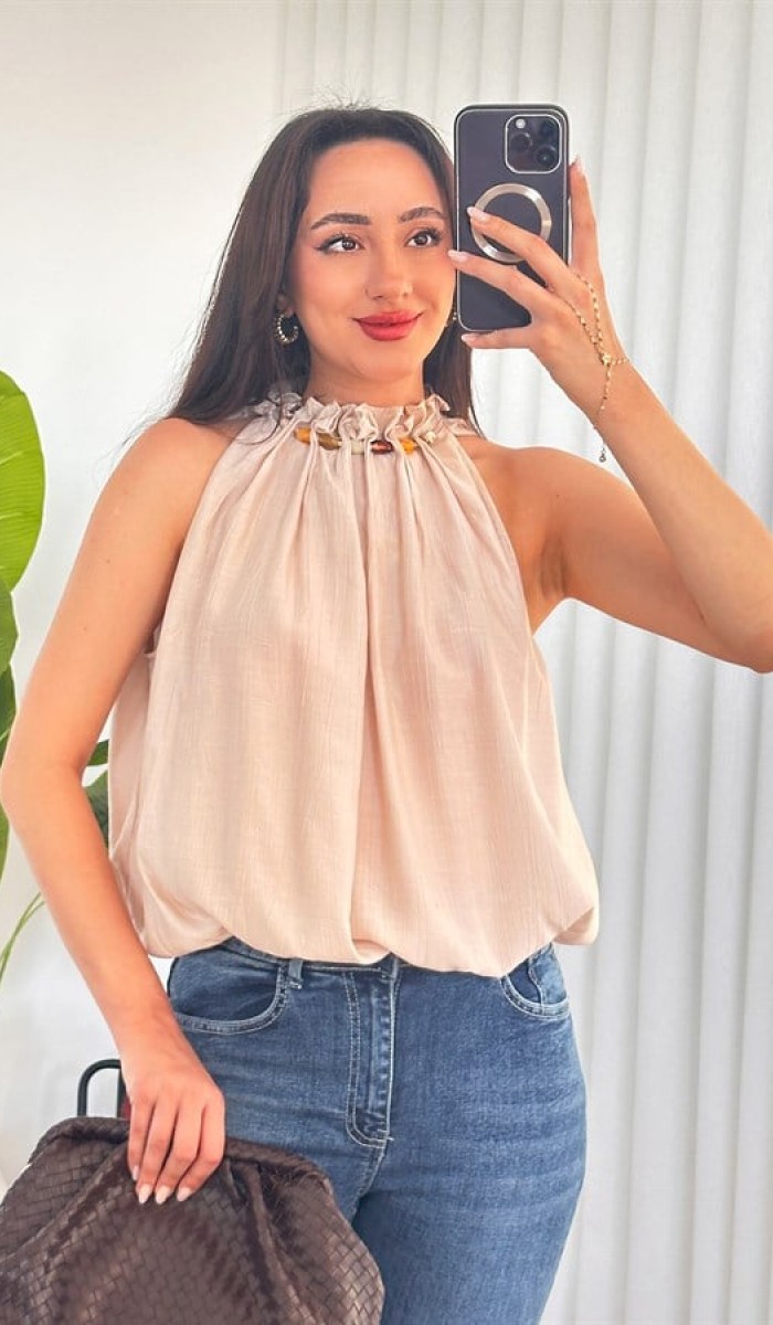 Yakası Boncuklu Balon Model Toptan Bej Bluz Bej