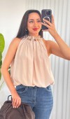 Yakası Boncuklu Balon Model Toptan Bej Bluz Bej