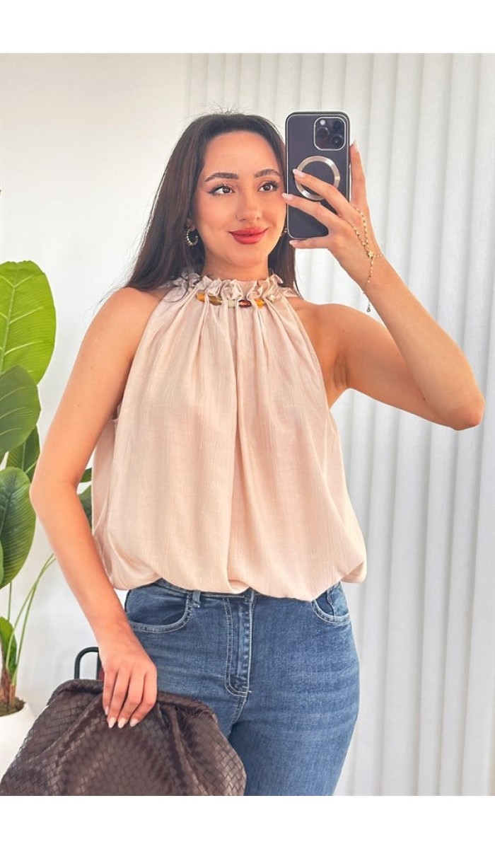 Yakası Boncuklu Balon Model Toptan Bej Bluz Bej