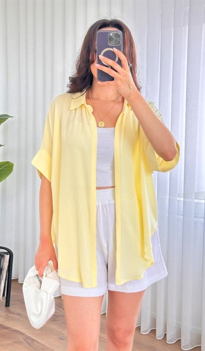 Kısa Kol Basic Kimono Toptan Sarı Bluz Sarı Kısa Kol Basic Kimono Toptan Sarı Bluz Sarı
