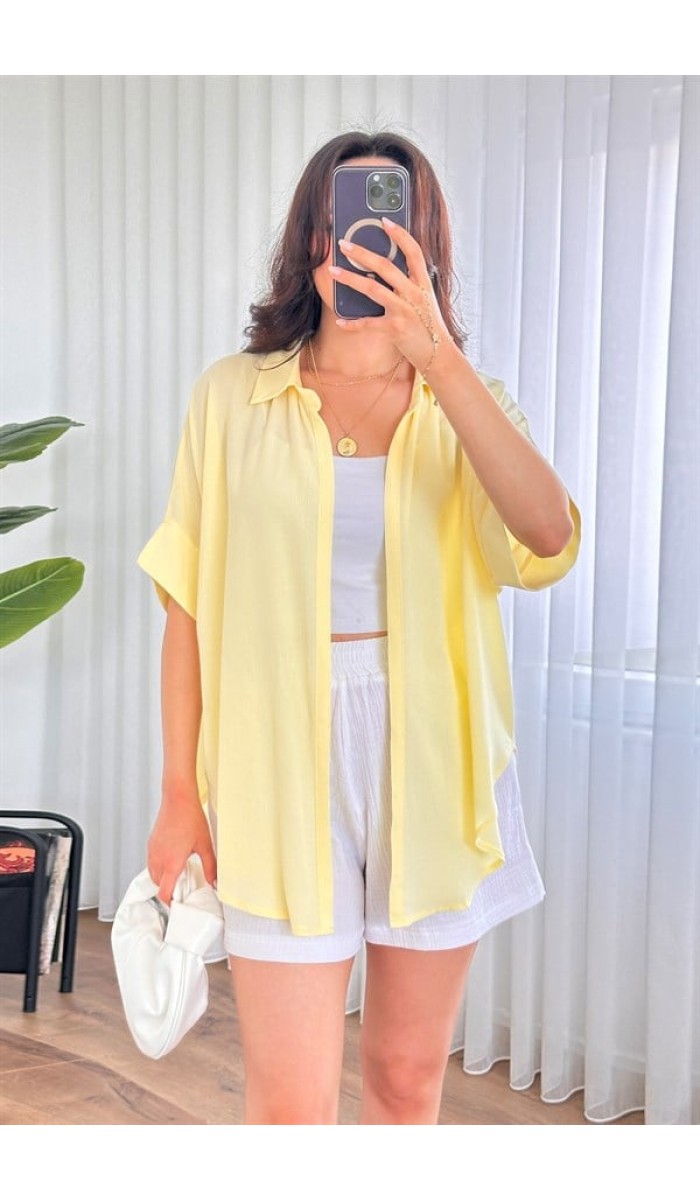 Kısa Kol Basic Kimono Toptan Sarı Bluz Sarı Kısa Kol Basic Kimono Toptan Sarı Bluz Sarı