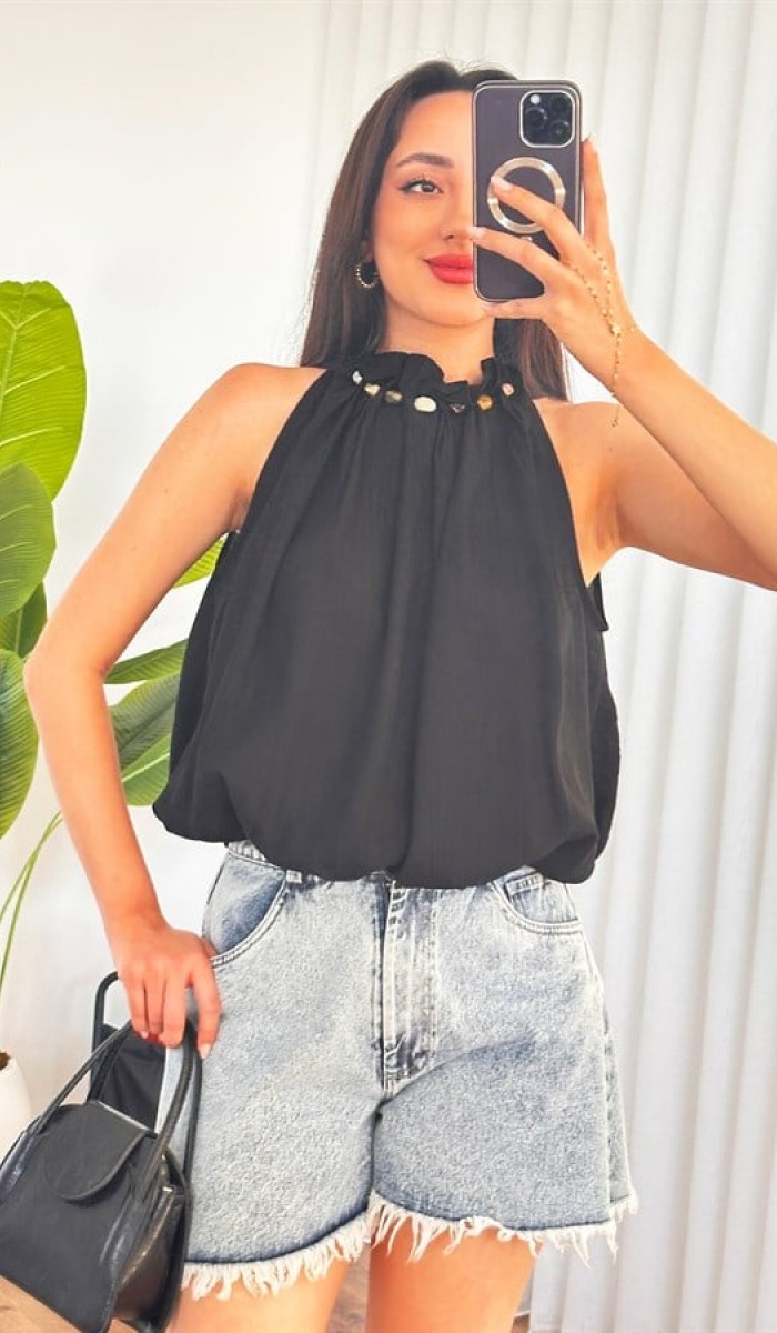 Yakası Boncuklu Balon Model Toptan Siyah Bluz Sarı