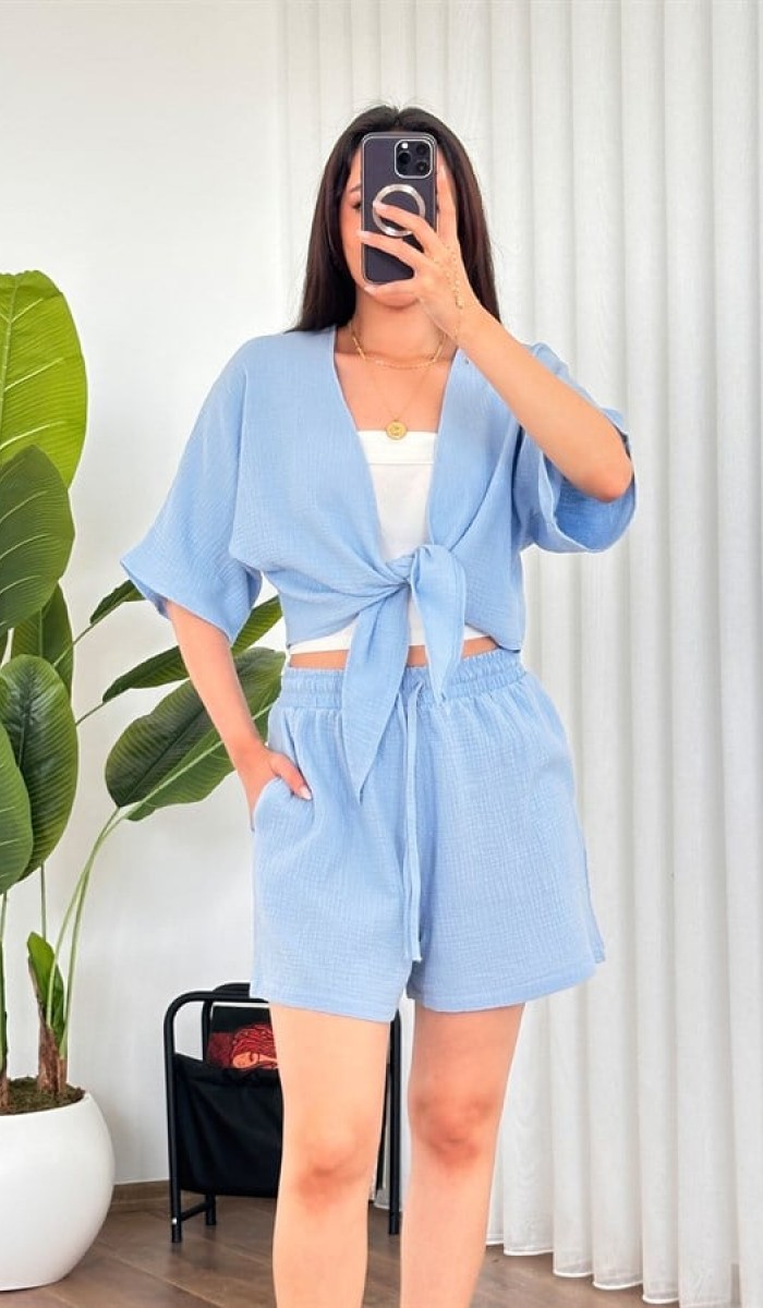 Müslin Önden Bağlamalı Kısa Model Toptan Bebe Mavisi Kimono Bebe Mavi