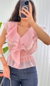 Fırfırlı Beli Lastikli Toptan Pembe Bluz Pembe