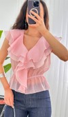 Fırfırlı Beli Lastikli Toptan Pembe Bluz Pembe