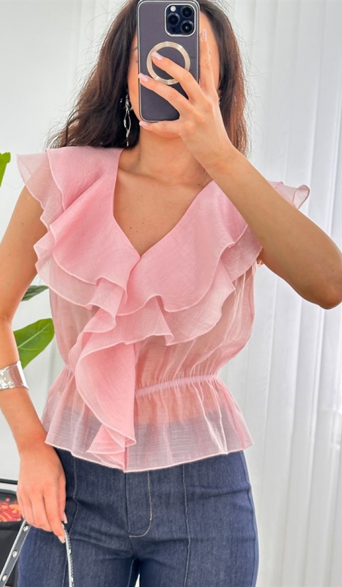 Fırfırlı Beli Lastikli Toptan Pembe Bluz Pembe