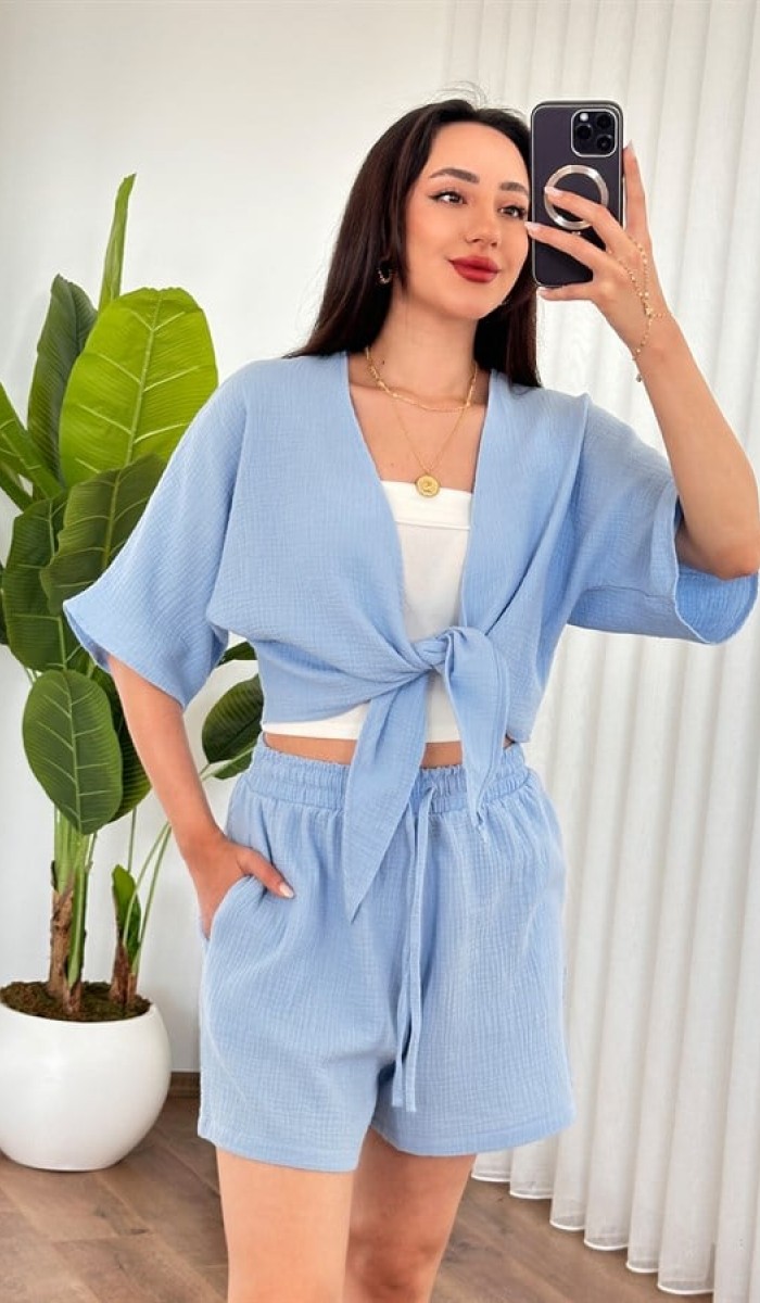 Müslin Cepli Kısa Model Toptan Bebe Mavisi Şort Bebe Mavi