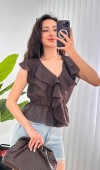 Fırfırlı Beli Lastikli Toptan Kahve Bluz Kahverengi