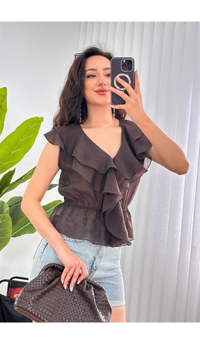 Fırfırlı Beli Lastikli Toptan Kahve Bluz Kahverengi Fırfırlı Beli Lastikli Toptan Kahve Bluz Kahverengi