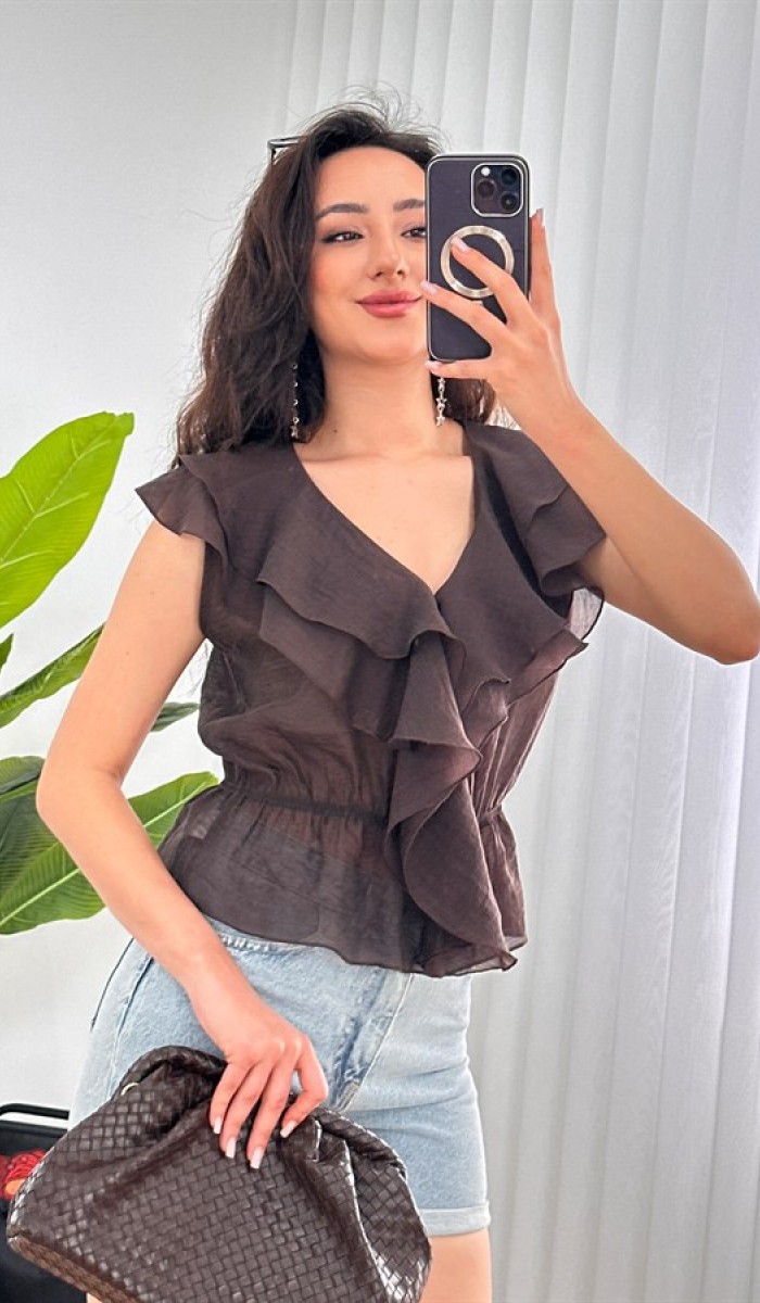 Fırfırlı Beli Lastikli Toptan Kahve Bluz Kahverengi Fırfırlı Beli Lastikli Toptan Kahve Bluz Kahverengi