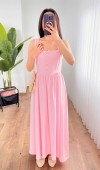 Kalın Askılı Uzun Toptan Pembe Elbise Pembe