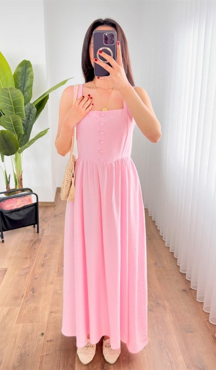 Kalın Askılı Uzun Toptan Pembe Elbise Pembe