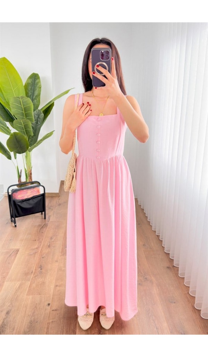 Kalın Askılı Uzun Toptan Pembe Elbise Pembe
