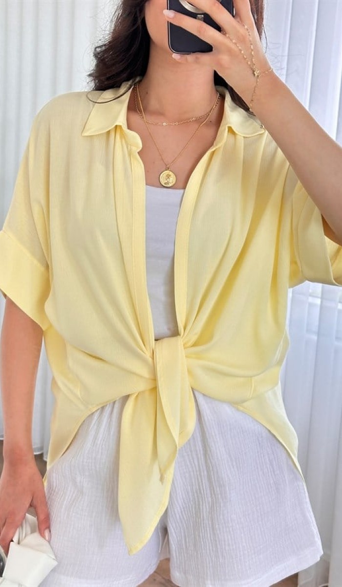 Kısa Kol Basic Kimono Toptan Sarı Bluz Sarı