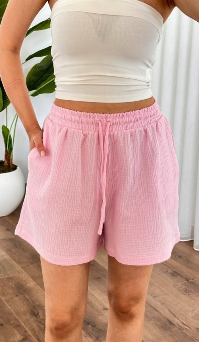 Müslin Cepli Kısa Model Toptan Pembe Şort Pembe