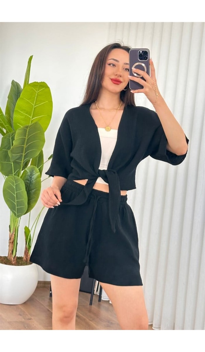 Müslin Önden Bağlamalı Kısa Model Toptan Siyah Kimono Siyah Müslin Önden Bağlamalı Kısa Model Toptan Siyah Kimono Siyah