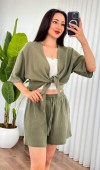 Müslin Önden Bağlamalı Kısa Model Toptan Haki Kimono Haki
