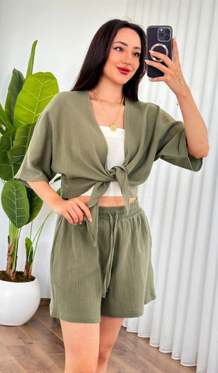 Müslin Önden Bağlamalı Kısa Model Toptan Haki Kimono Haki