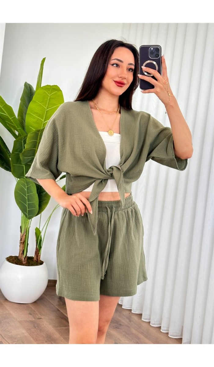 Müslin Önden Bağlamalı Kısa Model Toptan Haki Kimono Haki Müslin Önden Bağlamalı Kısa Model Toptan Haki Kimono Haki