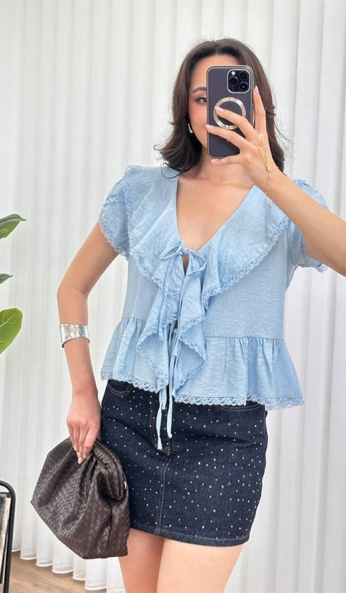 Dantel Detaylı Bağlamalı Toptan Bebe Mavisi Bluz Bebe Mavi