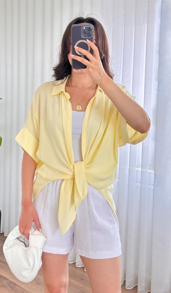 Kısa Kol Basic Kimono Toptan Sarı Bluz Sarı