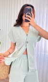 Tek Düğme Beli Bağlamalı Keten Toptan Mint İkili Takım Mint Yeşili