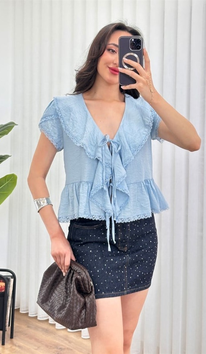 Dantel Detaylı Bağlamalı Toptan Bebe Mavisi Bluz Bebe Mavi Dantel Detaylı Bağlamalı Toptan Bebe Mavisi Bluz Bebe Mavi