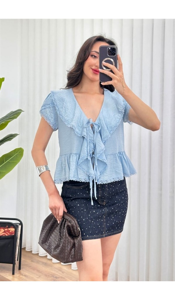 Dantel Detaylı Bağlamalı Toptan Bebe Mavisi Bluz Bebe Mavi