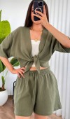 Müslin Önden Bağlamalı Kısa Model Toptan Haki Kimono Haki