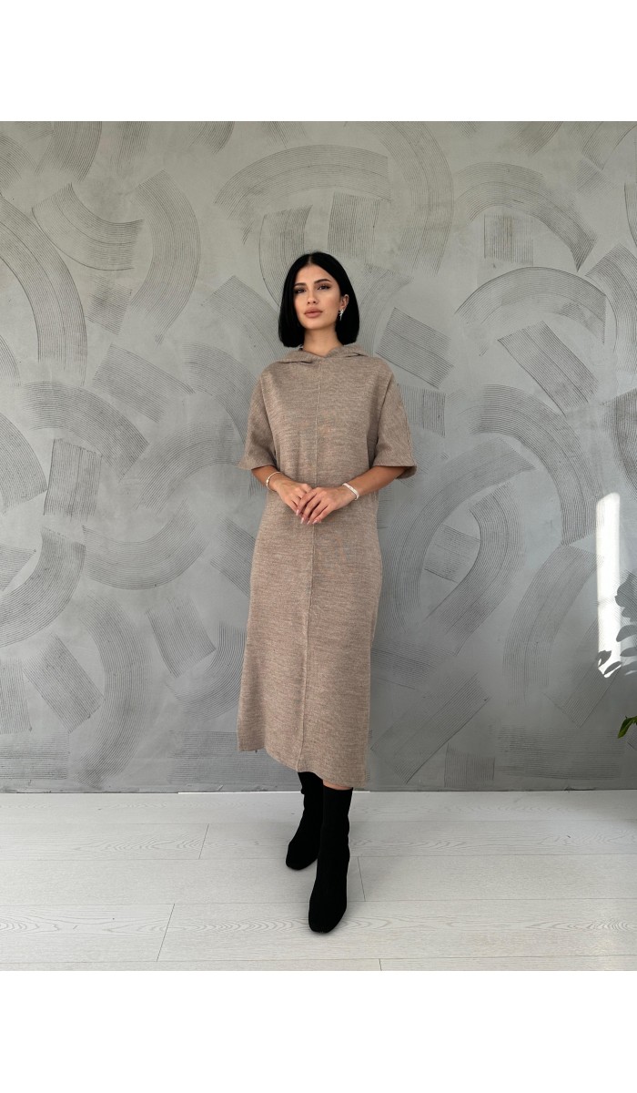 Akrilik Kapüşonlu Elbise - Bej