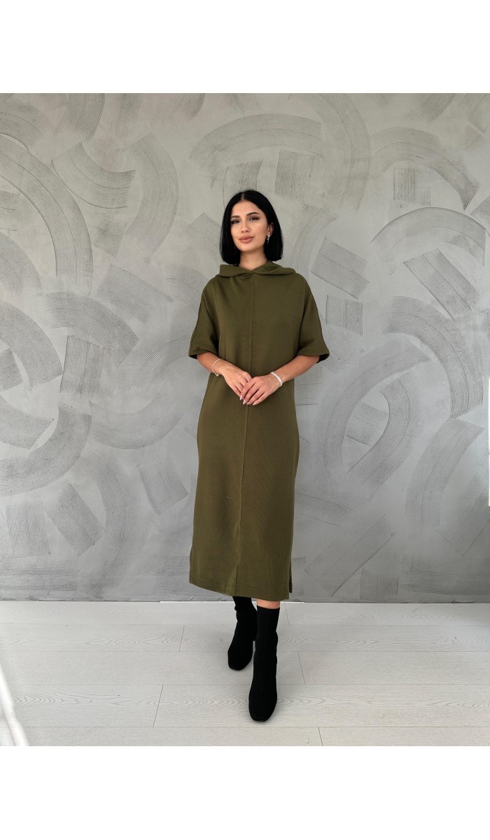 Akrilik Kapüşonlu Elbise - Haki