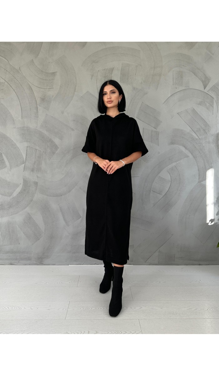 Akrilik Kapüşonlu Elbise - Siyah