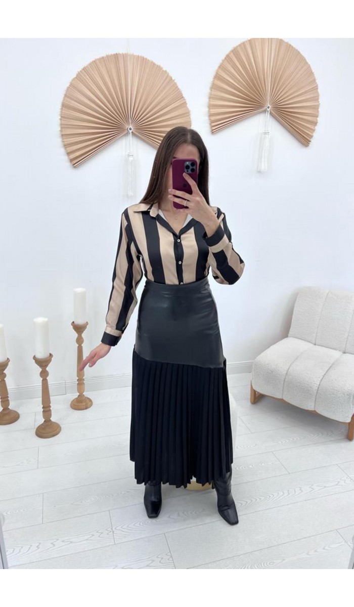 Alt Piliseli Deri Garnili Etek - Siyah