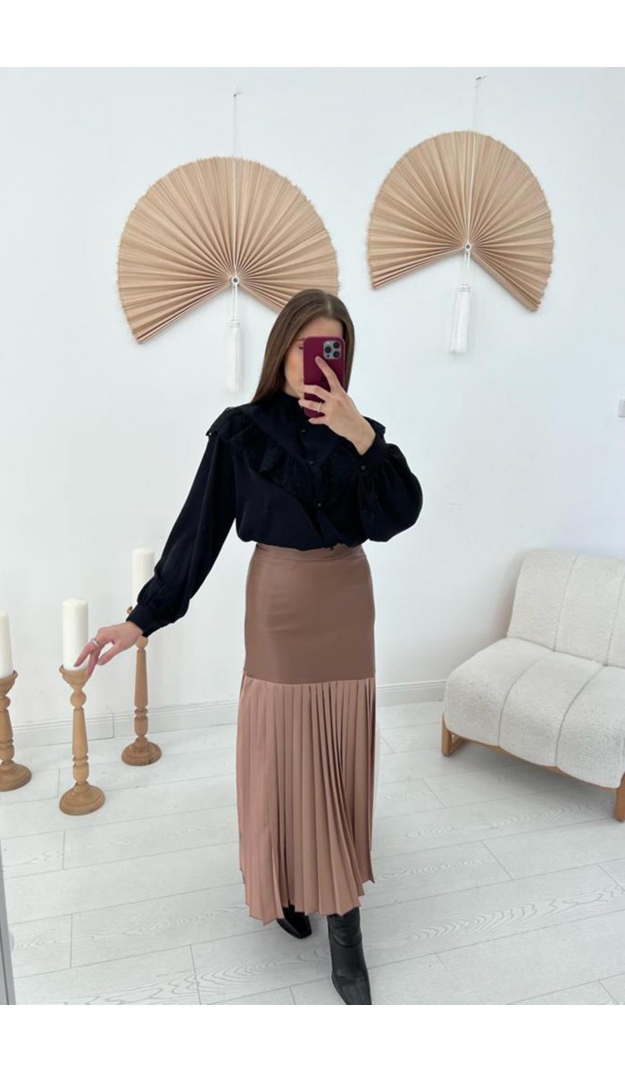 Alt Piliseli Deri Garnili Etek - Vizon