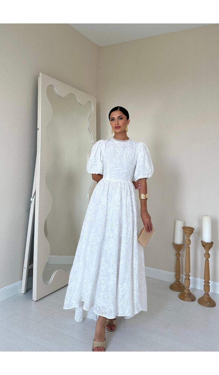 Arkası Bağlamalı Brode Elbise - Beyaz