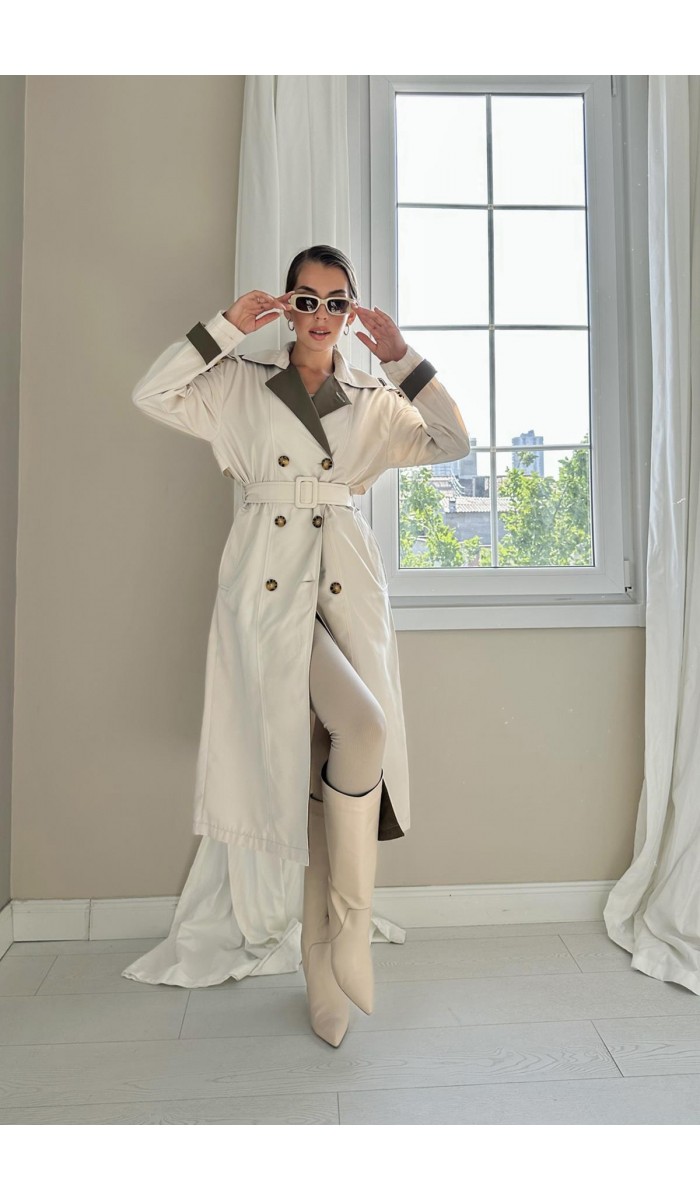 Arkası Çizgili Ve Kemerli Trençkot - Bej