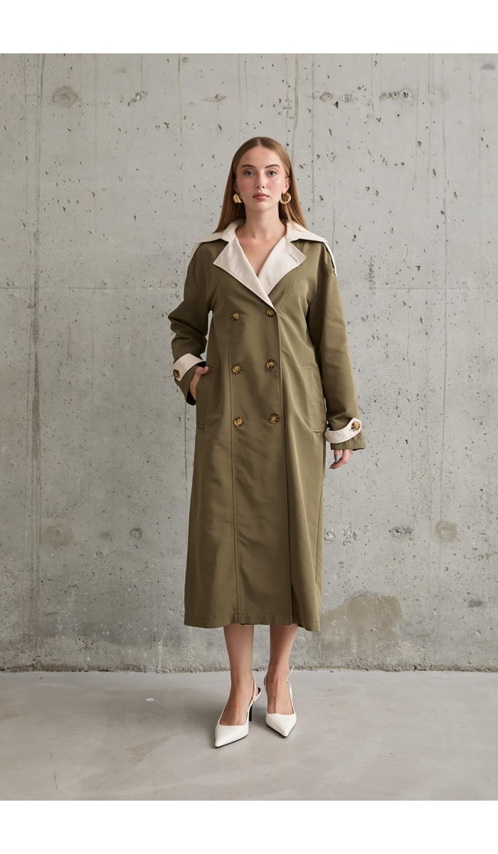 Arkası Çizgili Ve Kemerli Trençkot - Haki