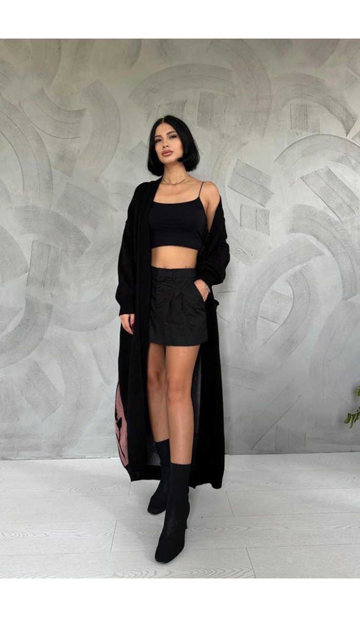 Arkası Desenli Hırka - Siyah