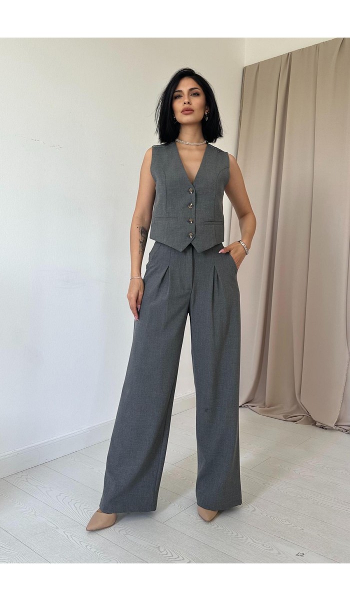 Arkası Garnili Yelek Ve Pantolon Takım - Gri