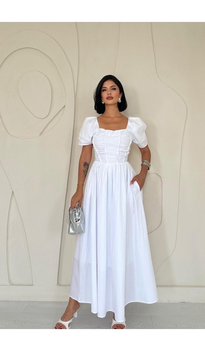 Arkası Gipe Detaylı Elbise - Beyaz