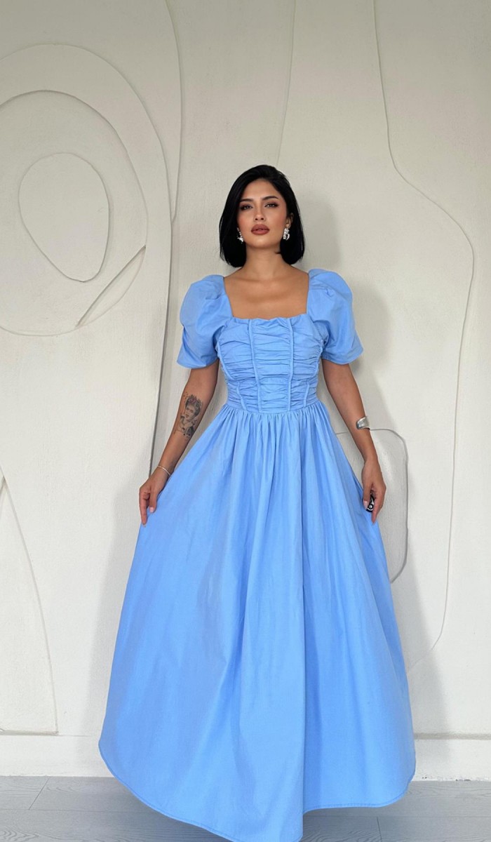 Arkası Gipe Detaylı Elbise - Mavi Arkası Gipe Detaylı Elbise - Mavi