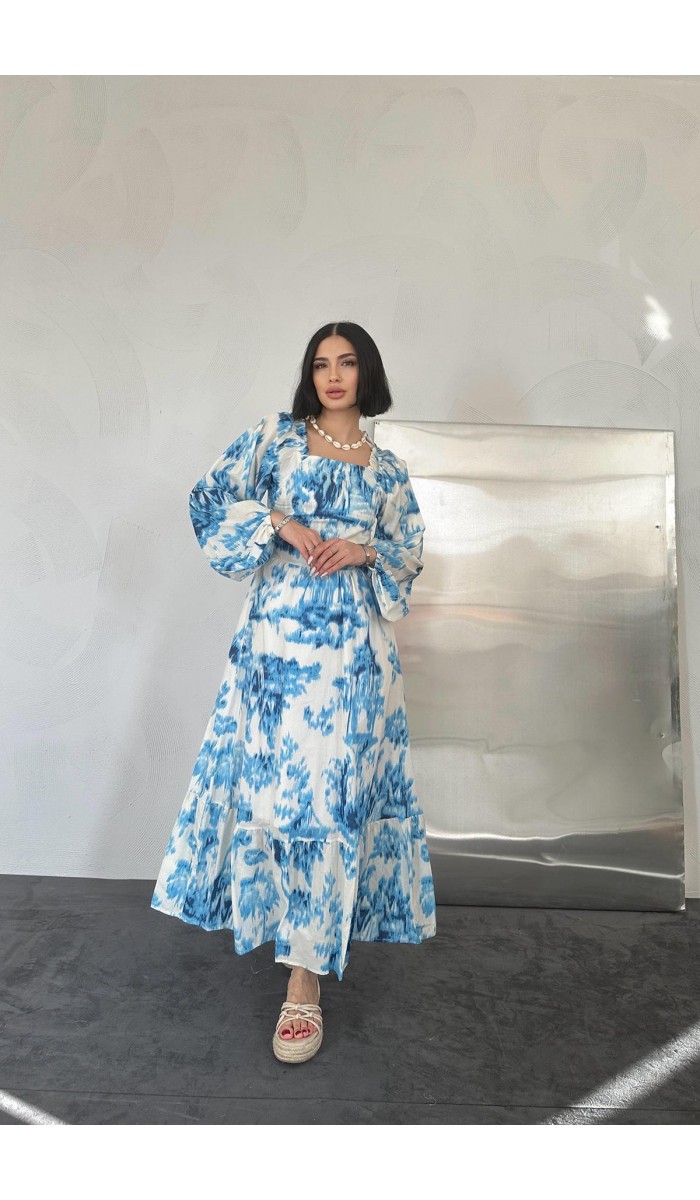 Arkası Gipeli Uzun Elbise - Mavi