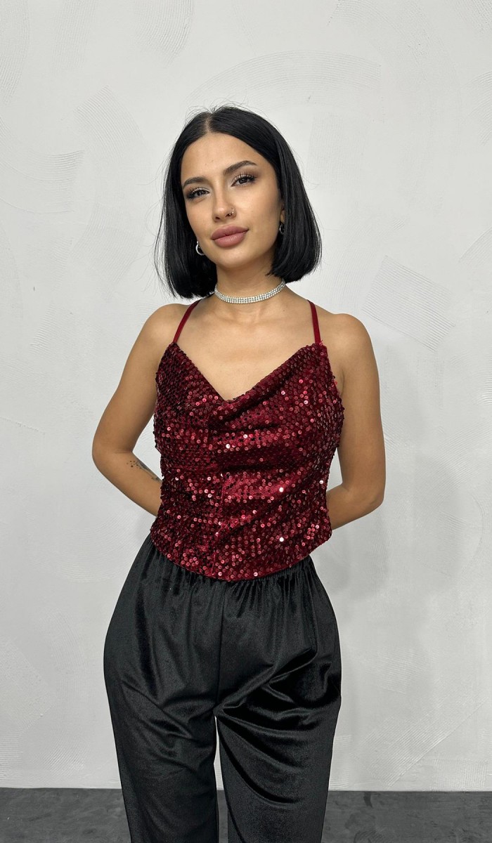 Askılı Degaje Bluz - Bordo